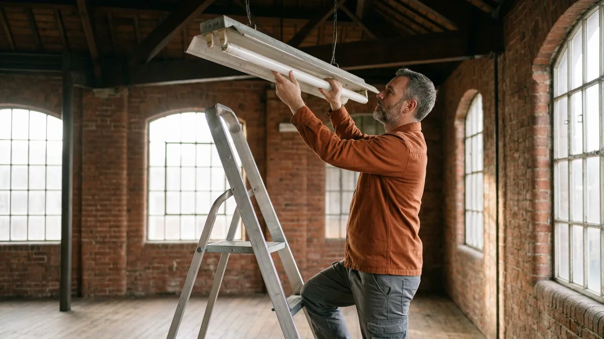Maintenance technician on a ladder replacing a fluorescent tube in an old brick warehouse, like an overdue Python version upgrade