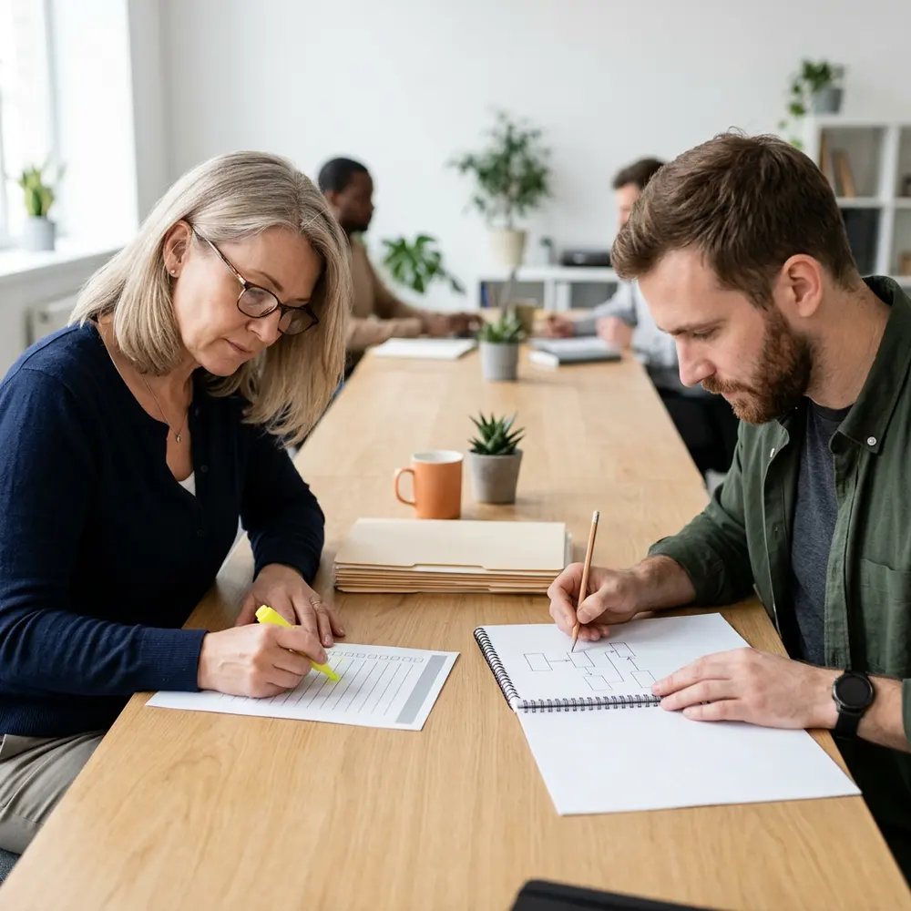 In-house tester highlighting a printed regression checklist while a contract automation engineer sketches a test flow beside her