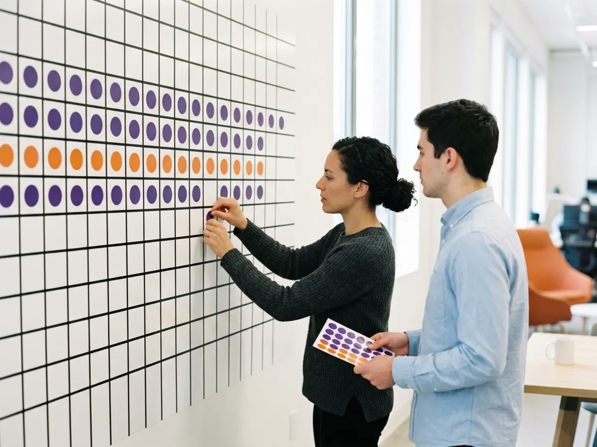 QA lead placing violet and orange sticker dots on a whiteboard grid of test cells while a colleague holds the sticker sheet