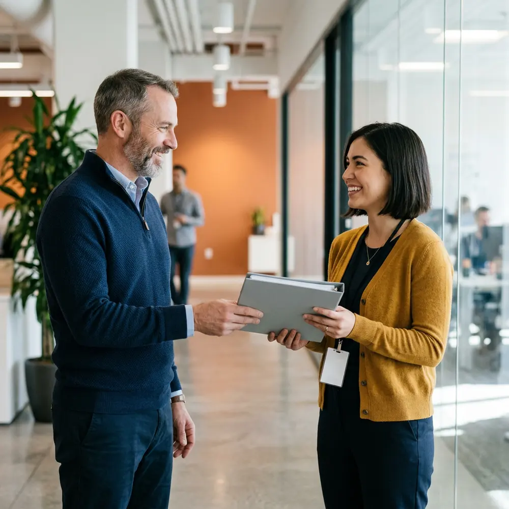 QA manager handing a binder to a new contract software tester wearing a visitor badge on her first day