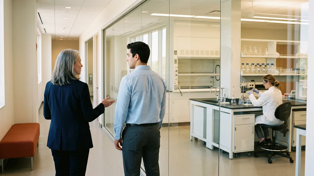 Hiring manager showing a QC analyst candidate a pharmaceutical quality control lab through a glass wall