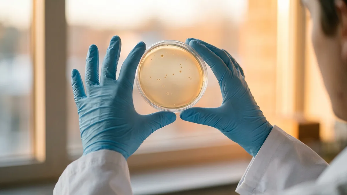 Gloved hands of a QC microbiologist holding a petri dish with small bacterial colonies up to window light