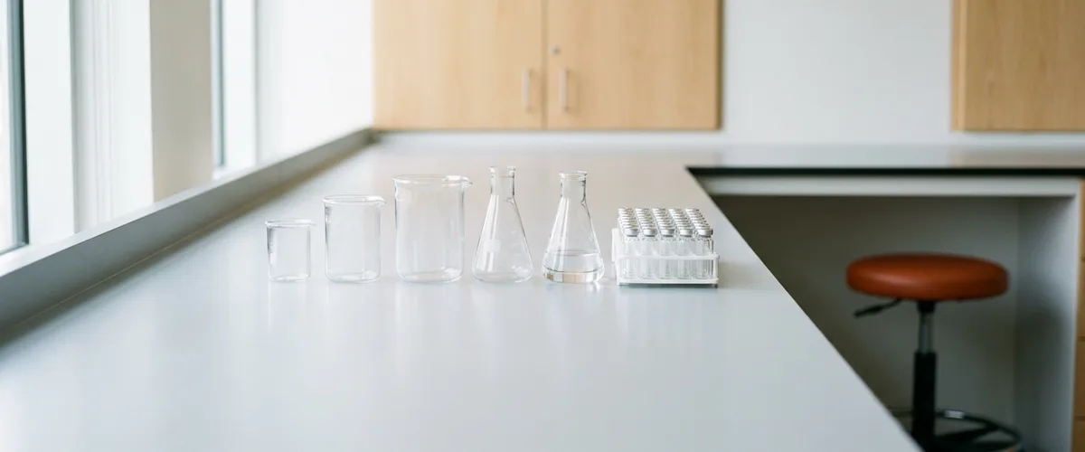 Pharmaceutical quality control lab bench with clear beakers, conical flasks and a rack of sample vials beside an orange stool