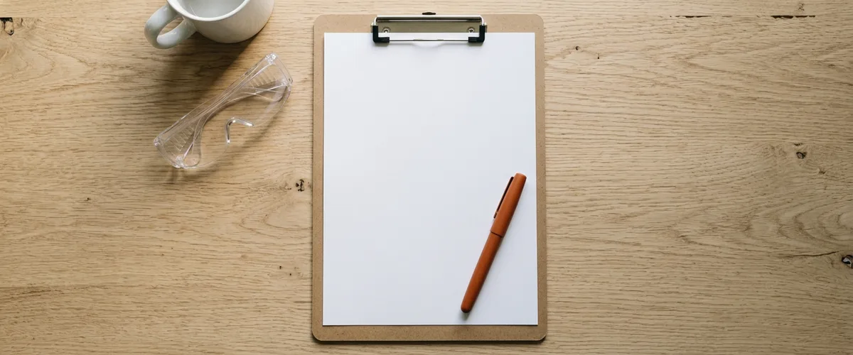 Blank sheet of paper on a clipboard beside clear safety glasses and an orange pen on a wooden desk