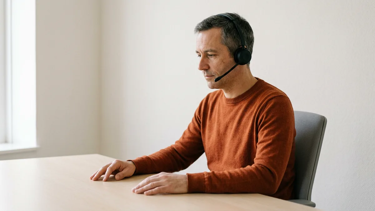 Recruiter in a headset listening on a screening call at a completely empty desk