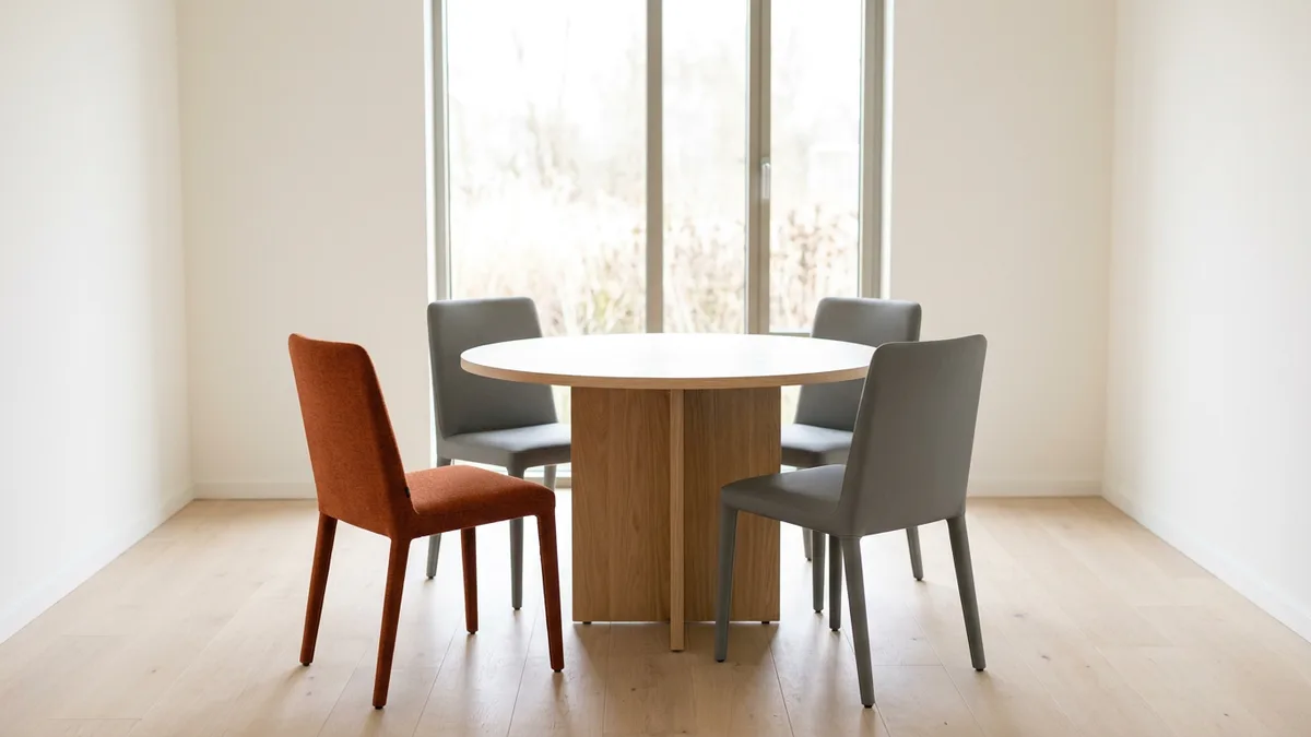 Empty orange chair pulled back from a round meeting table with three grey chairs