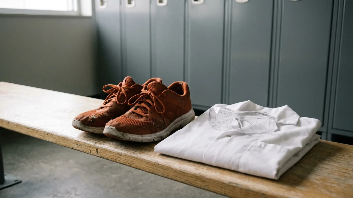 Worn orange running shoes beside a folded white lab coat and safety glasses on a locker room bench