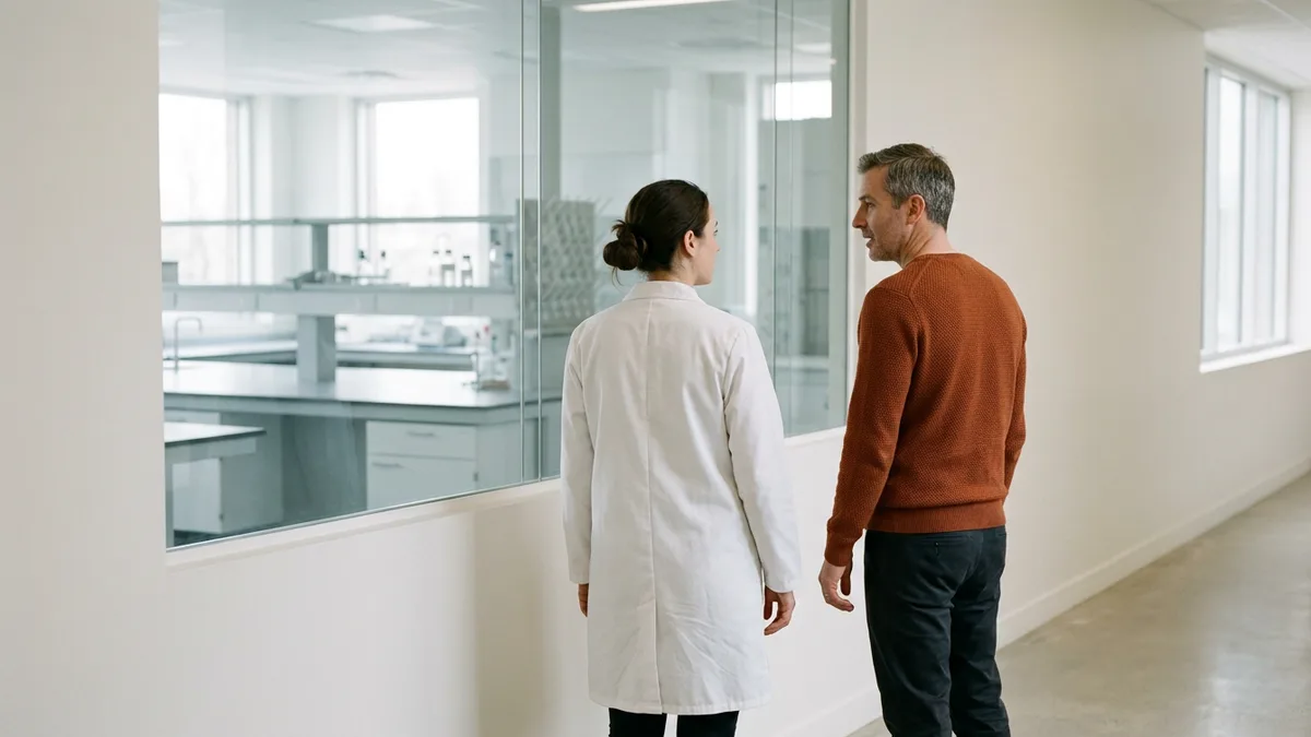 QC analyst in a lab coat and a QA colleague looking through a corridor window into a pharmaceutical quality control laboratory