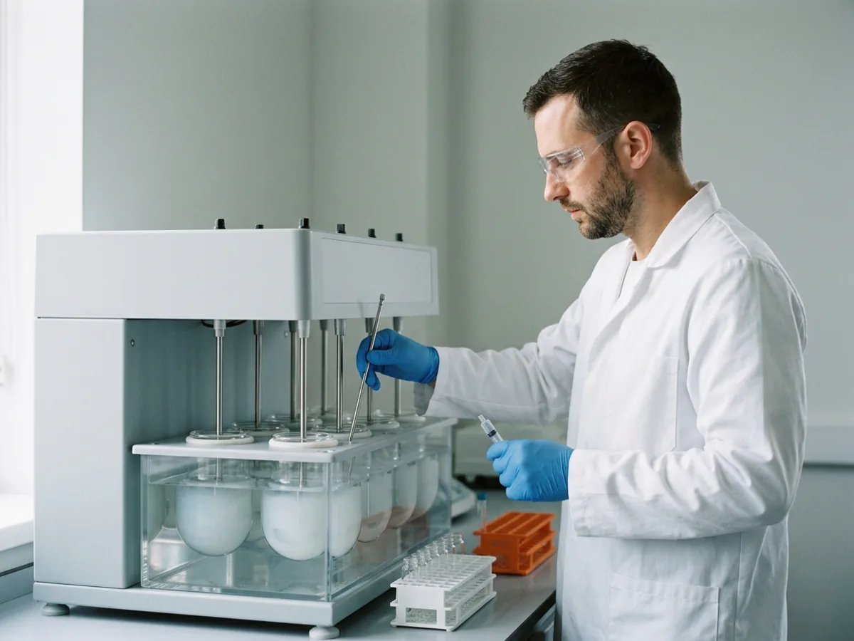 Quality control chemist in a pharmaceutical QC lab holding a sampling cannula over a six-vessel dissolution bath during release testing