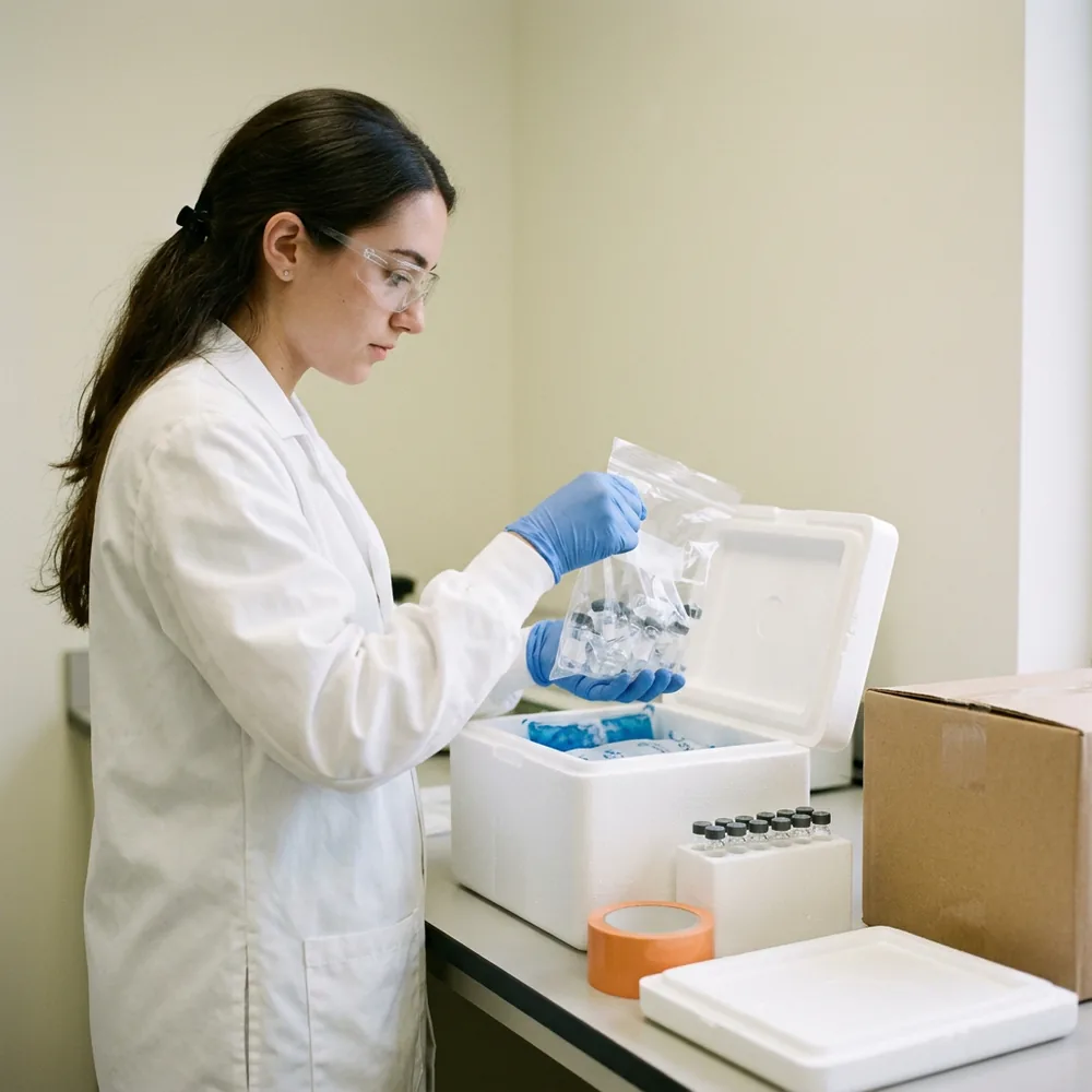 Pharmaceutical QC analyst packing capped sample vials and cold packs into an insulated shipping cooler for comparative testing at another laboratory