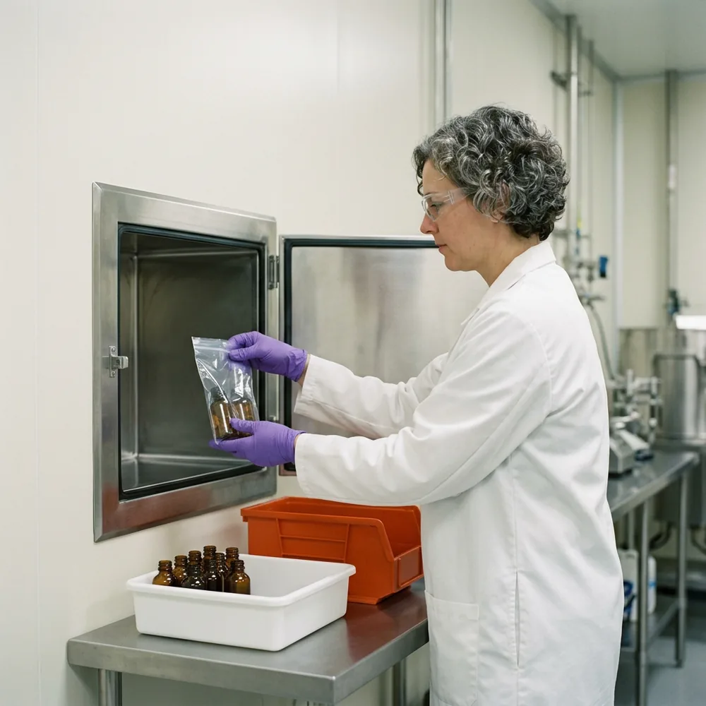 QC sample coordinator in a pharmaceutical quality control lab receiving sealed amber sample bottles through a stainless steel pass-through hatch