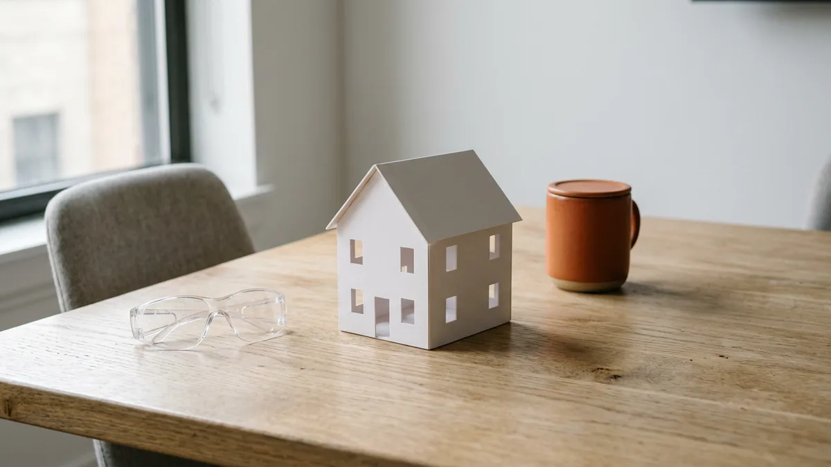 White architectural house model beside clear safety glasses and an orange mug on an oak table