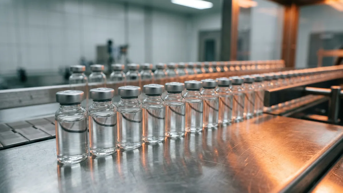 Rows of capped glass pharmaceutical vials on a stainless steel filling line conveyor