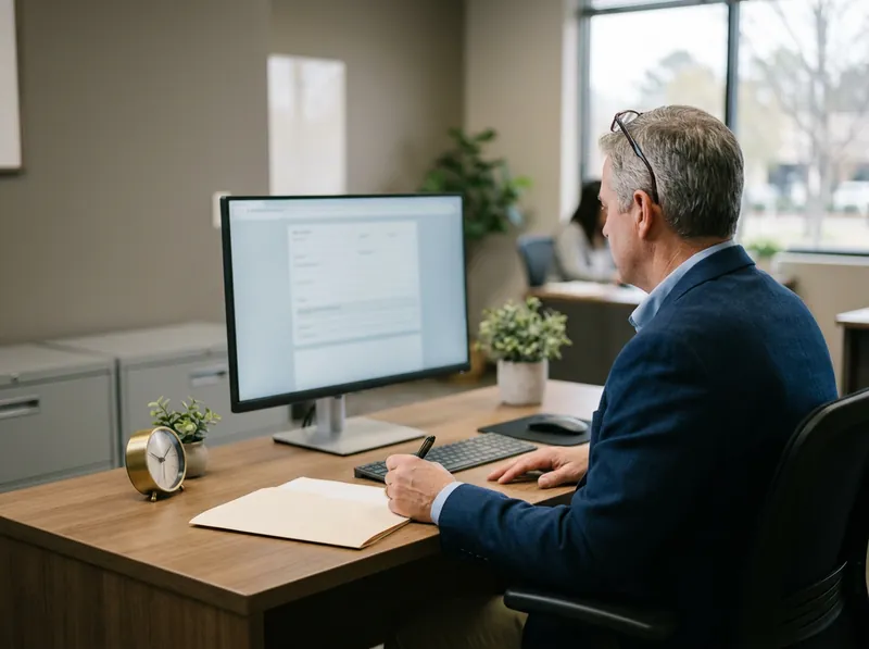 Payroll and compliance specialist reviewing multi-state employment registrations on a monitor in a quiet office