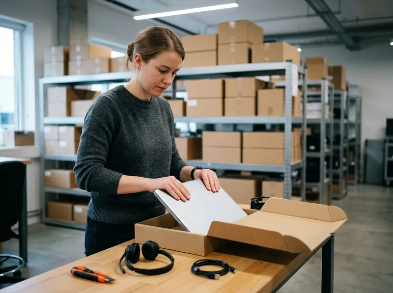 IT coordinator packing a laptop and headset into a shipping box to send to a new remote contractor