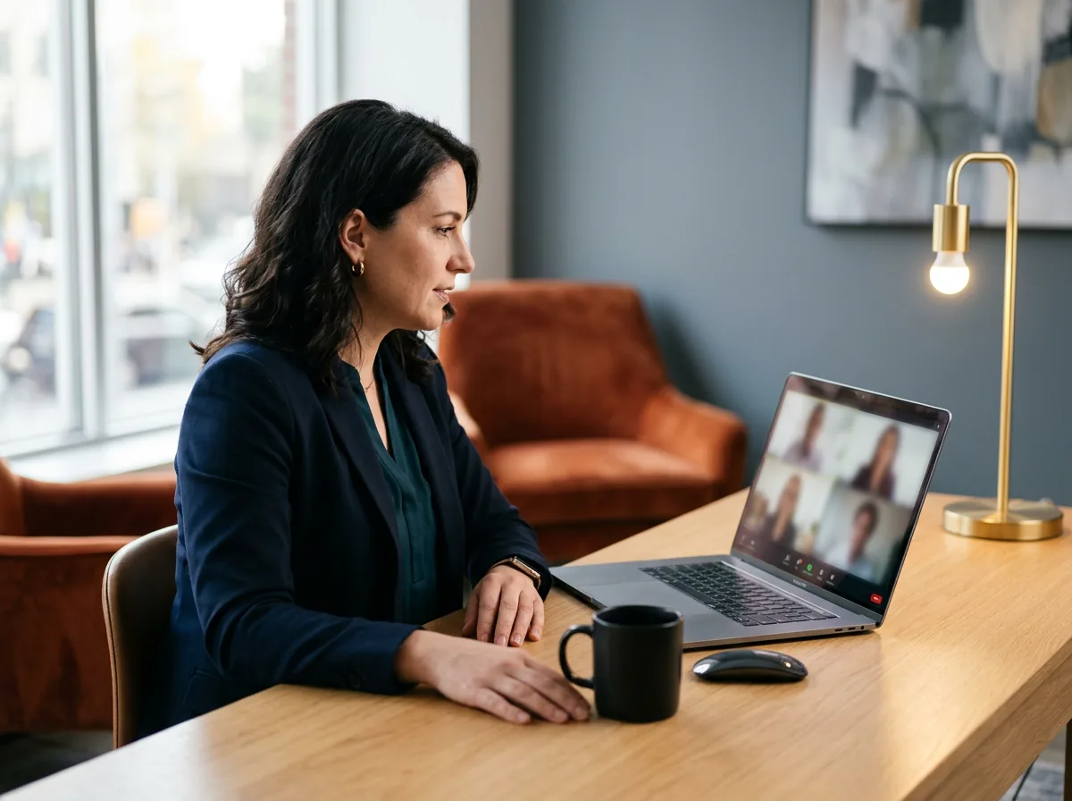 Hiring manager reviewing remote contract candidates on a video call from a bright office