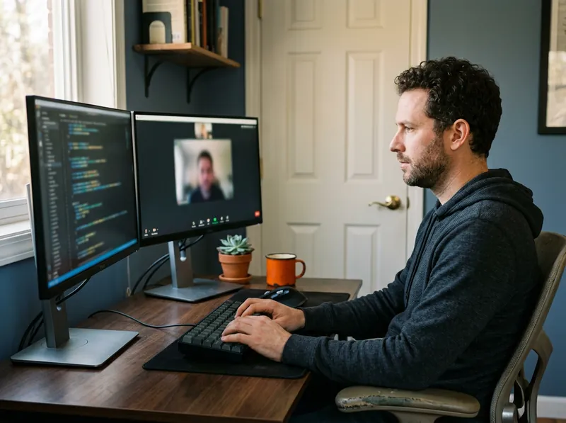 Remote contract software engineer working at a home desk with a second monitor showing code during a video call