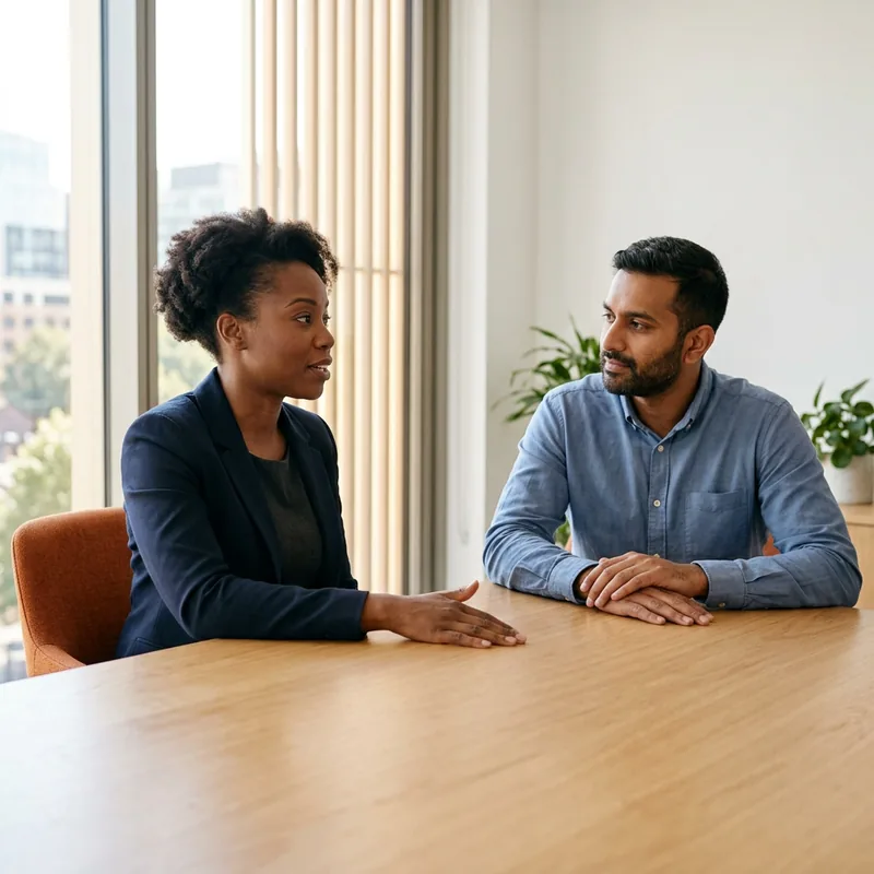 A KORE1 recruiter and an engineering manager talking through a React requisition across a table