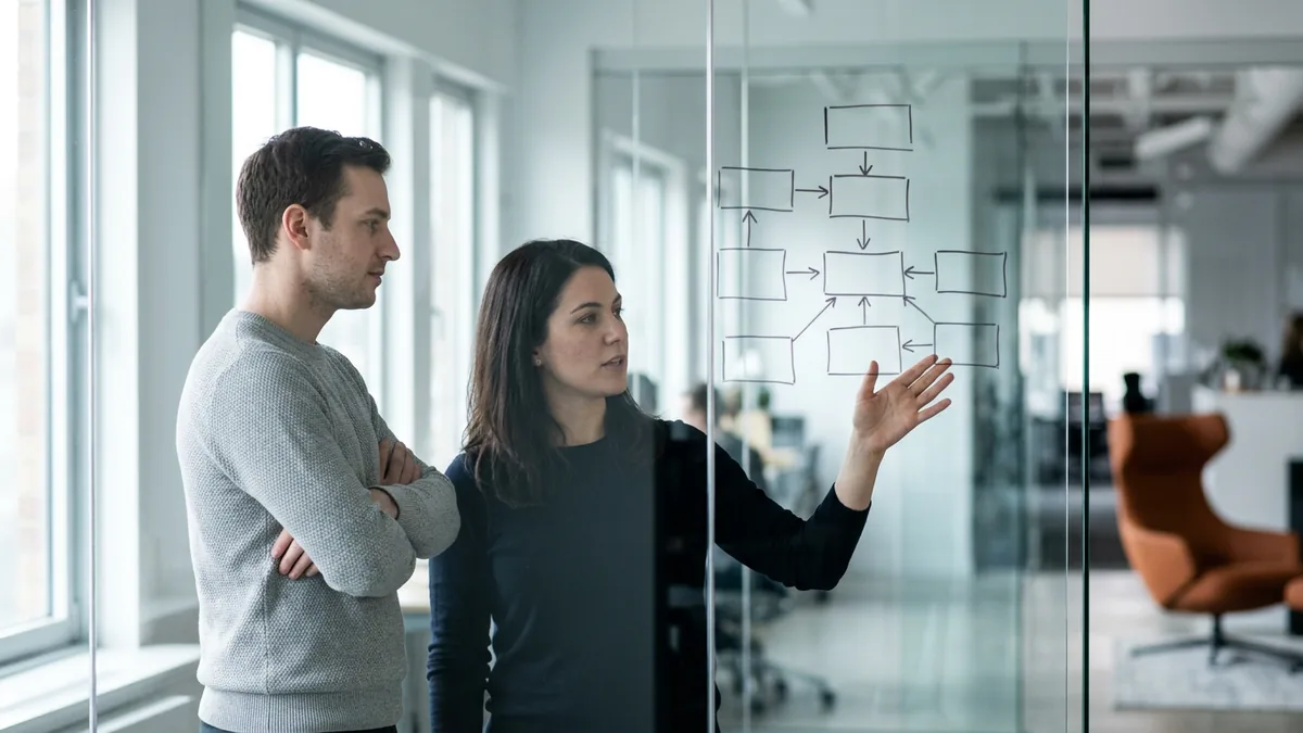 Two KORE1 engineers at a glass wall mapping a React component hierarchy in dry-erase marker during a hiring calibration