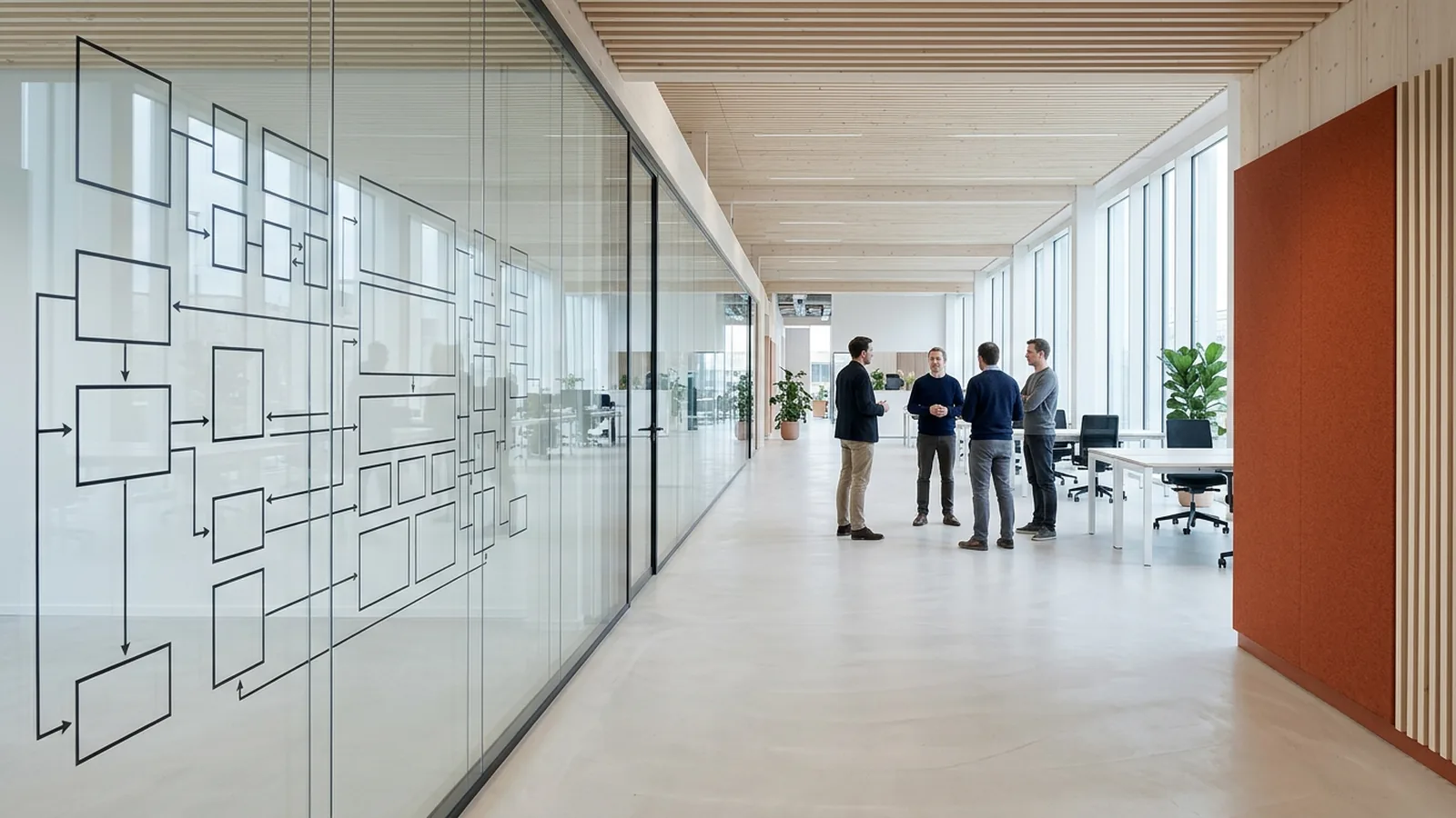 A bright product engineering room with an abstract component map drawn across a long glass wall