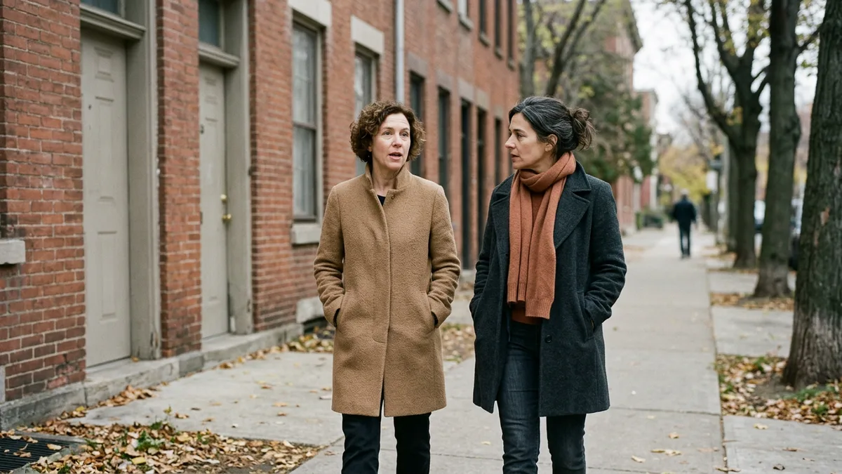 Executive recruiter and hiring manager walking along a tree-lined city sidewalk talking through why a hard-to-fill role is still open