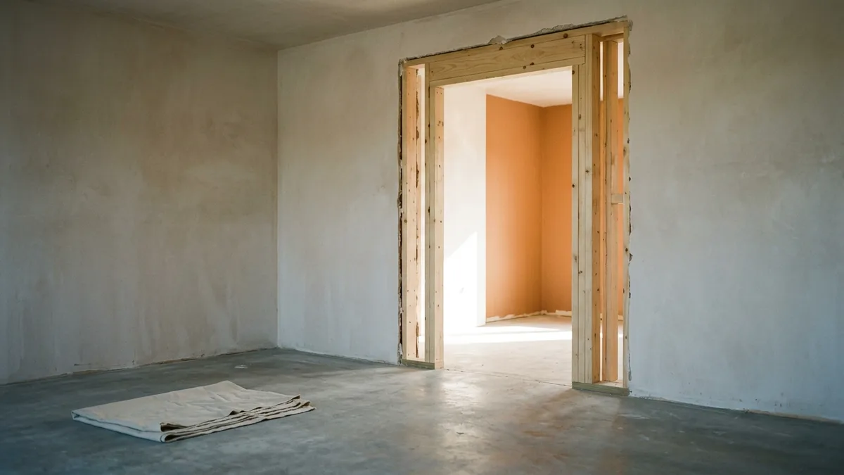 Interior wall opened into a new timber-framed doorway with daylight beyond, representing job requirements that can move during a search
