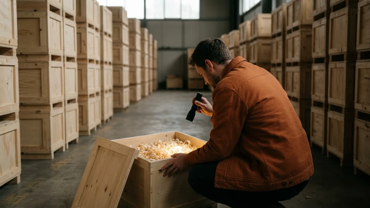 Man inspecting an open wooden crate with a flashlight, representing dependency review of Rust crates before they merge