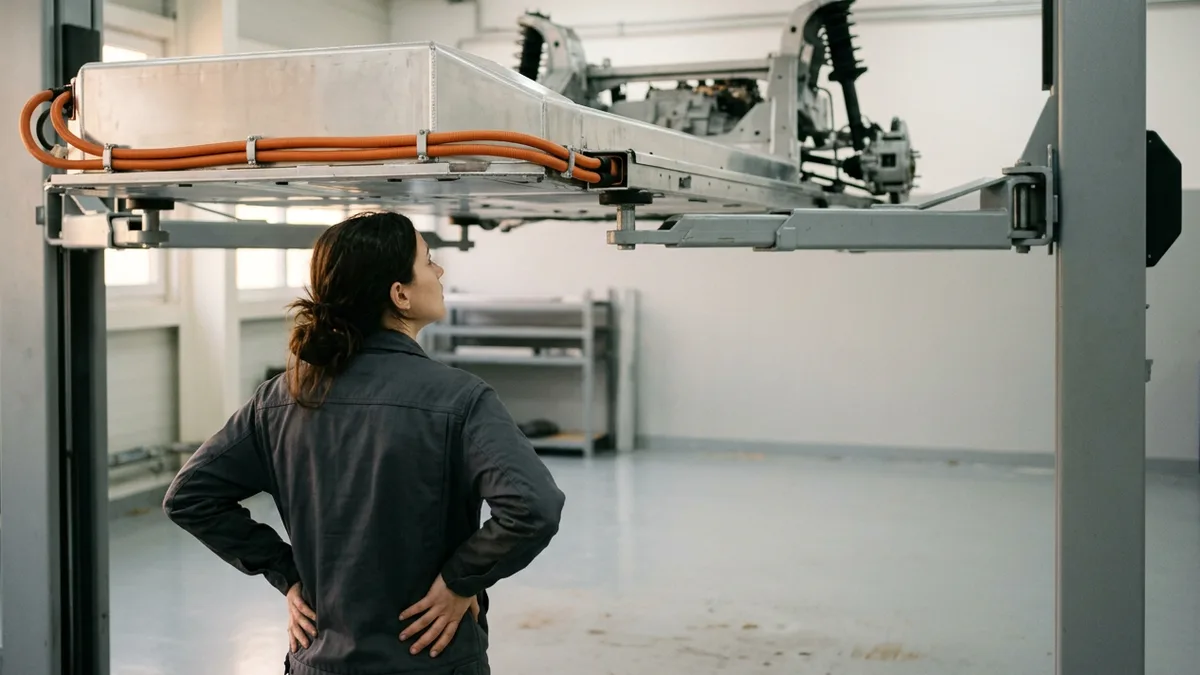 Engineer inspecting an electric vehicle battery enclosure on a lift, an embedded target a Rust developer job description should name