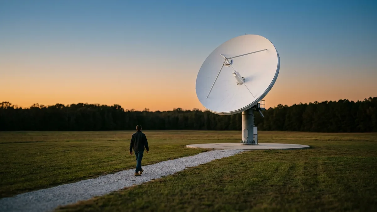 Engineer walking toward a satellite ground station dish at dusk, where a pinned Rust toolchain version belongs in the job posting