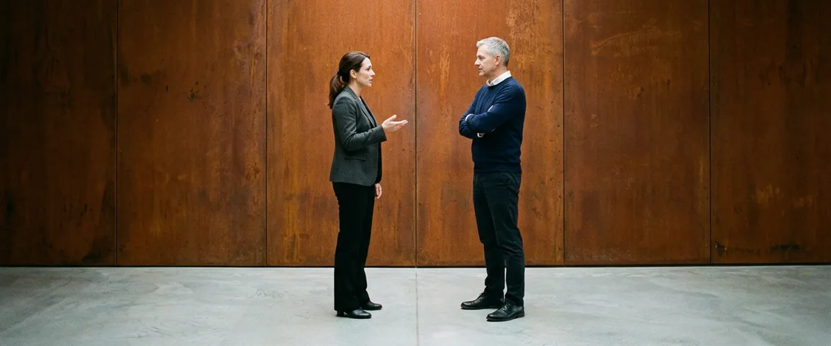 Hiring manager and engineering lead talking beside a weathered steel wall while planning a Rust developer job description
