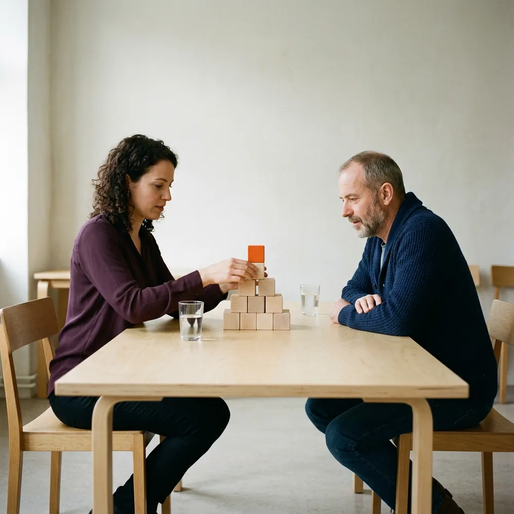 Admin candidate stacking plain wooden blocks into tiers on a meeting table while an interviewer across from her listens