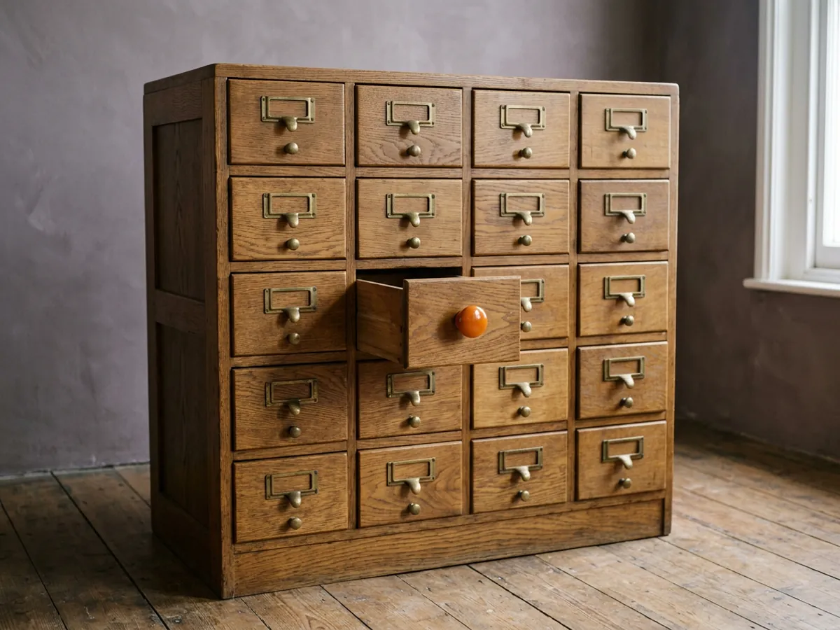 Oak card catalog cabinet with one small drawer pulled open by its orange handle while every other drawer stays shut