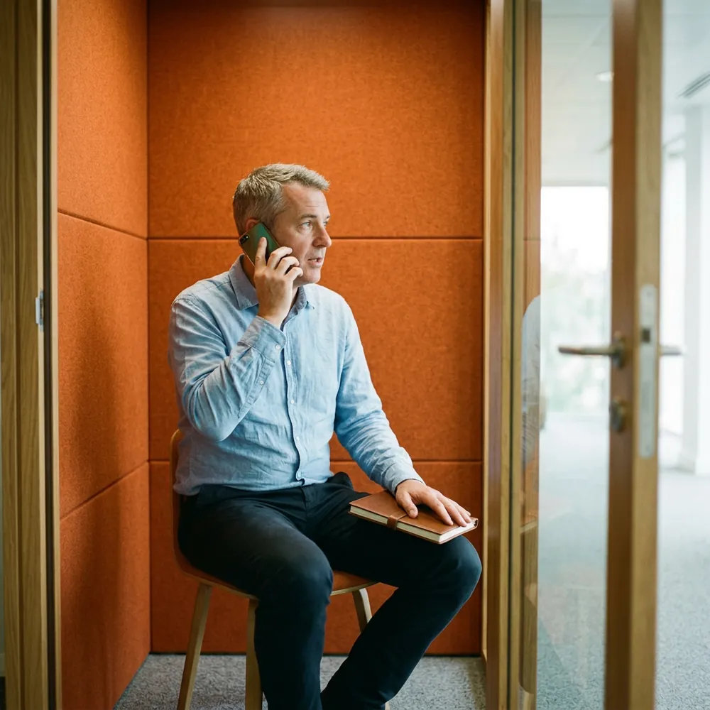 Operations lead on a phone call inside an office phone booth lined with orange felt, a closed notebook resting on his knee