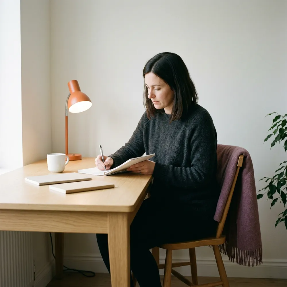 Salesforce administrator working alone at a pale oak desk under an orange lamp, writing in a spiral notebook