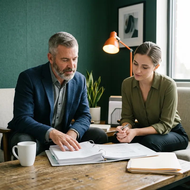 Contract Salesforce architect walking an in-house Salesforce admin through a documentation binder before handoff