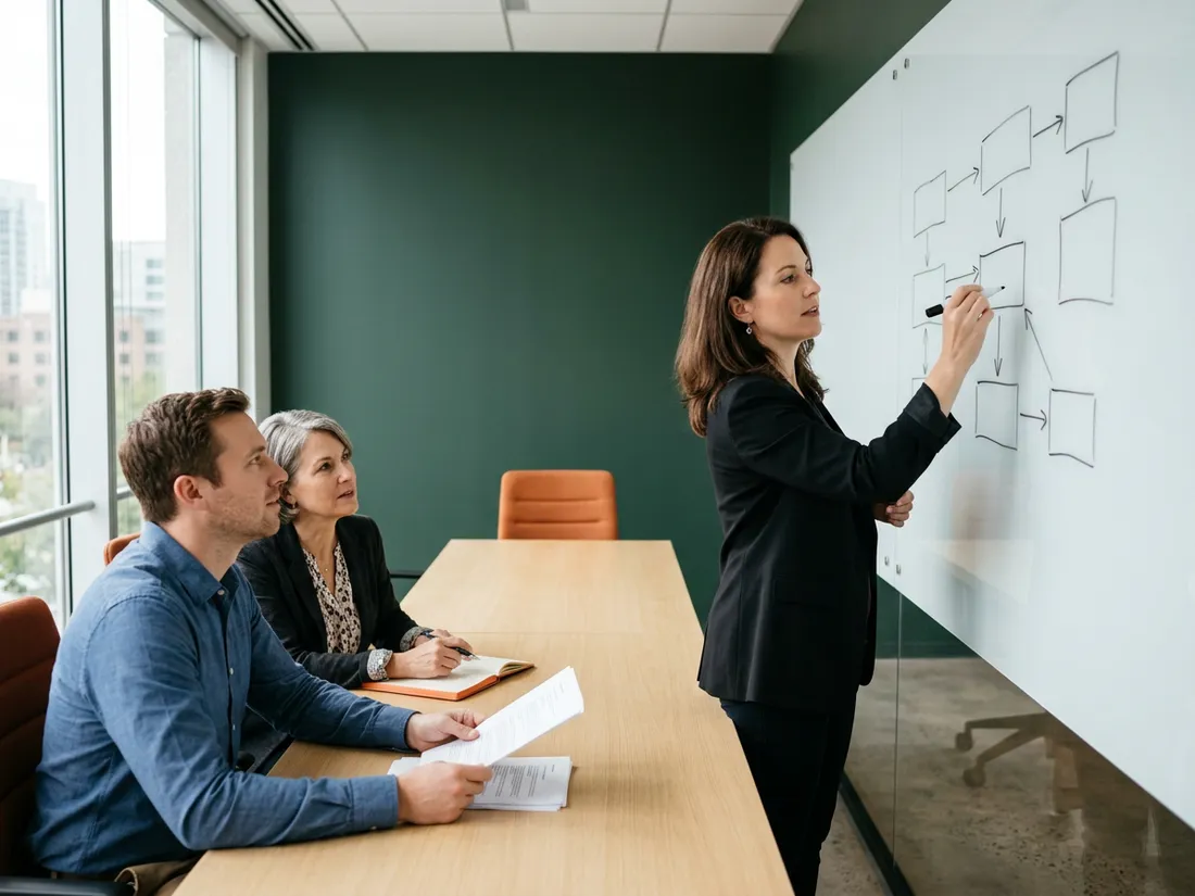Salesforce architect sketching an org design on a whiteboard for two colleagues during an architecture review