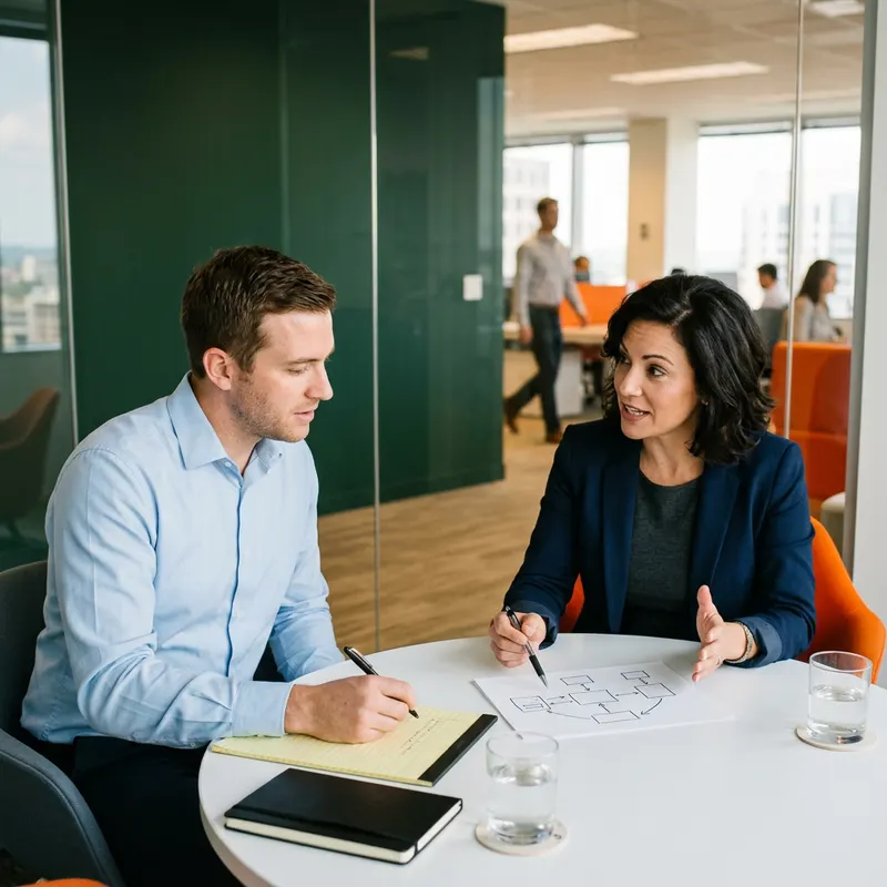 KORE1 recruiter taking notes while a senior Salesforce architect candidate explains a hand-drawn design sketch