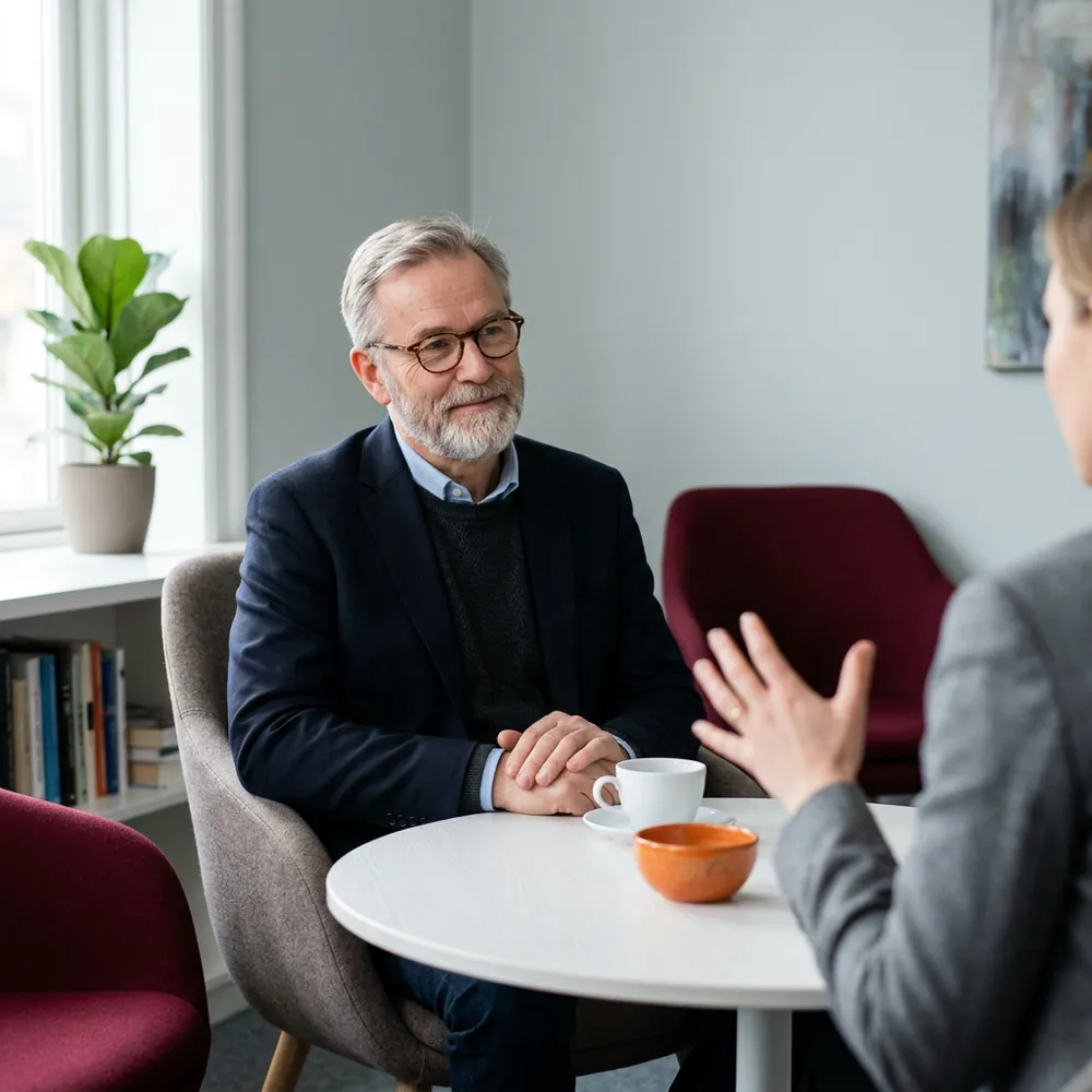 Senior Salesforce architect listening closely at a small round table while a colleague explains a design