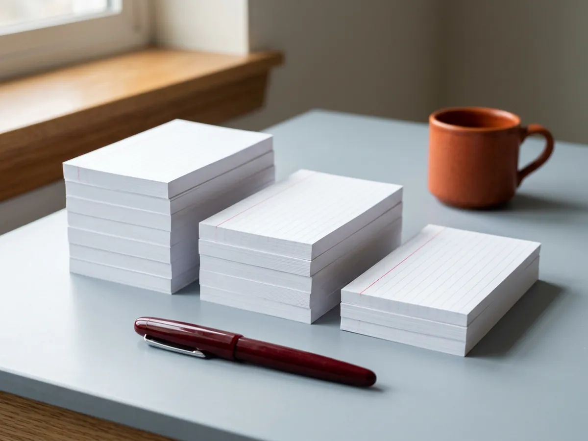 Three stacks of blank ruled index cards of different heights beside a garnet pen on a grey desk