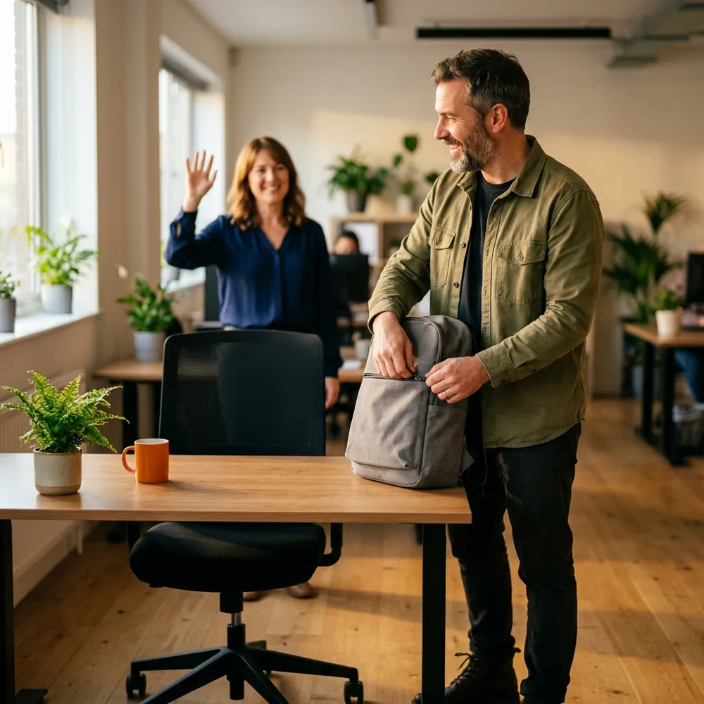 Contract Salesforce developer packing up on the last day of an engagement as a colleague waves goodbye