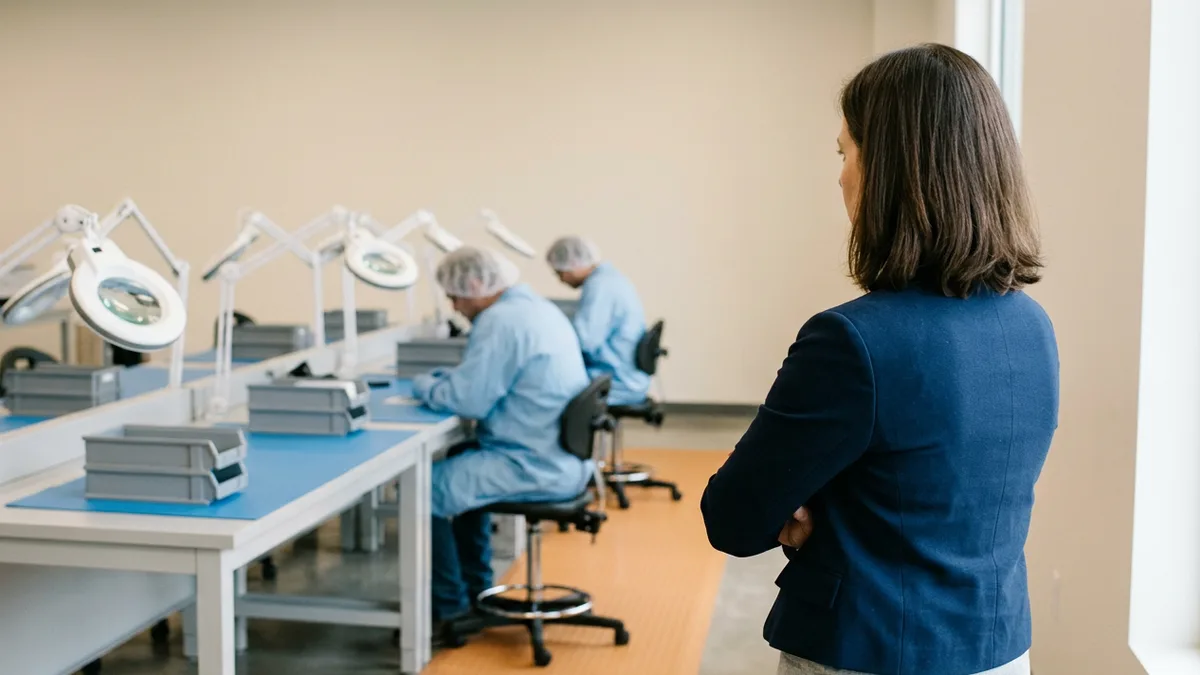 SAP consultant watching technicians at an electronics assembly line in a medical device manufacturer running S/4HANA Cloud Public Edition