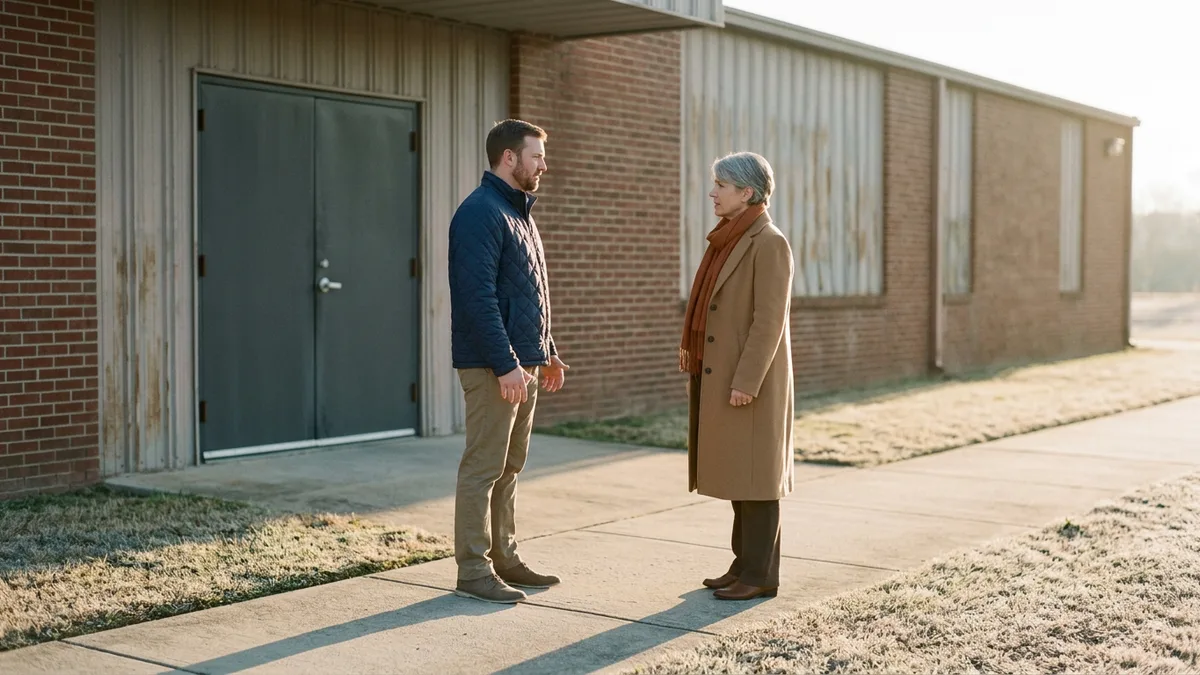 Two colleagues talking outside a manufacturing plant entrance at sunrise before an onsite SAP S/4HANA workshop