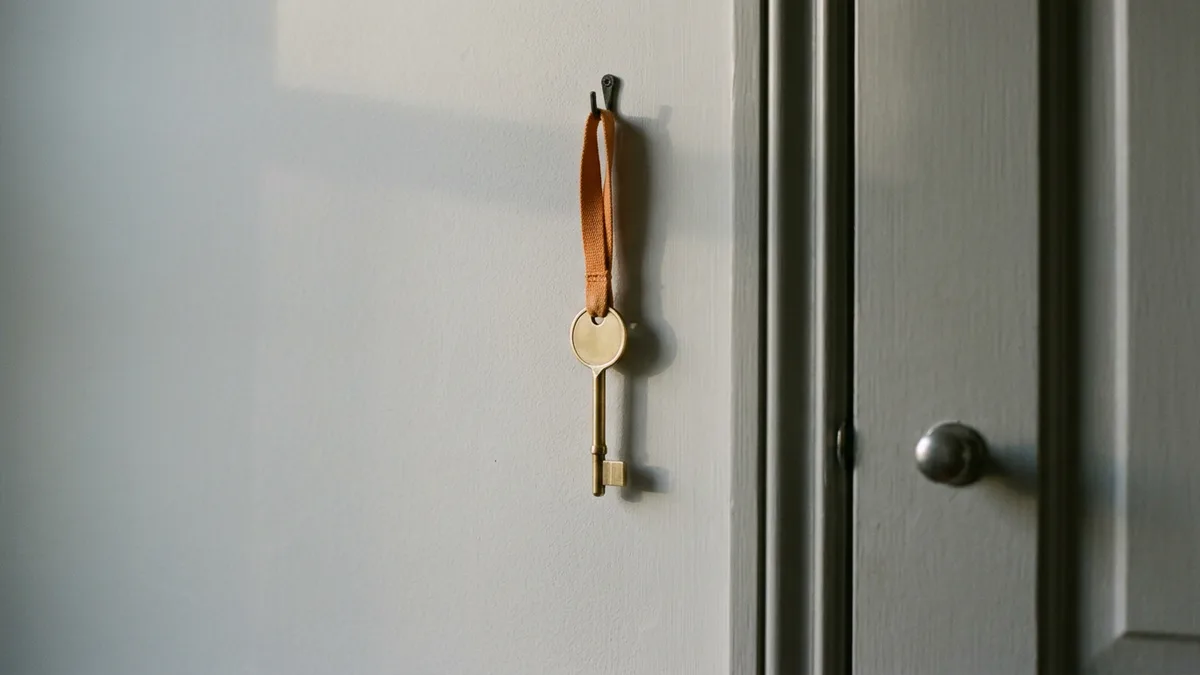 Single brass key on an orange lanyard beside a closed door, representing controlled production access in an SAP change control process