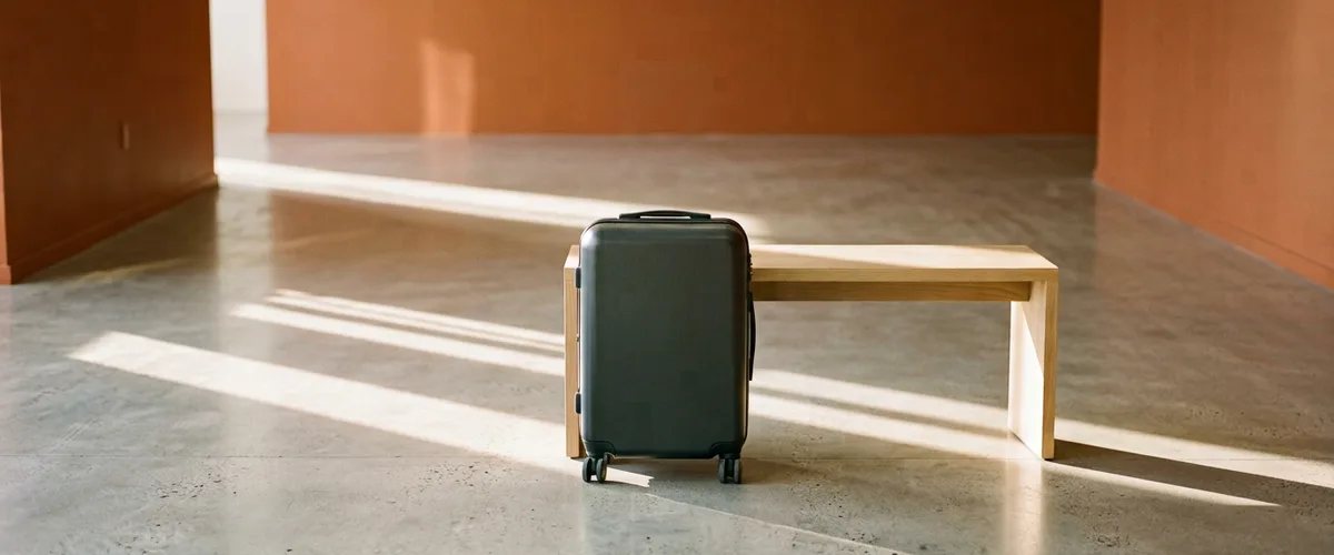 Carry-on suitcase beside a bench in an empty sunlit office corridor, representing the travel an SAP consultant job description should spell out