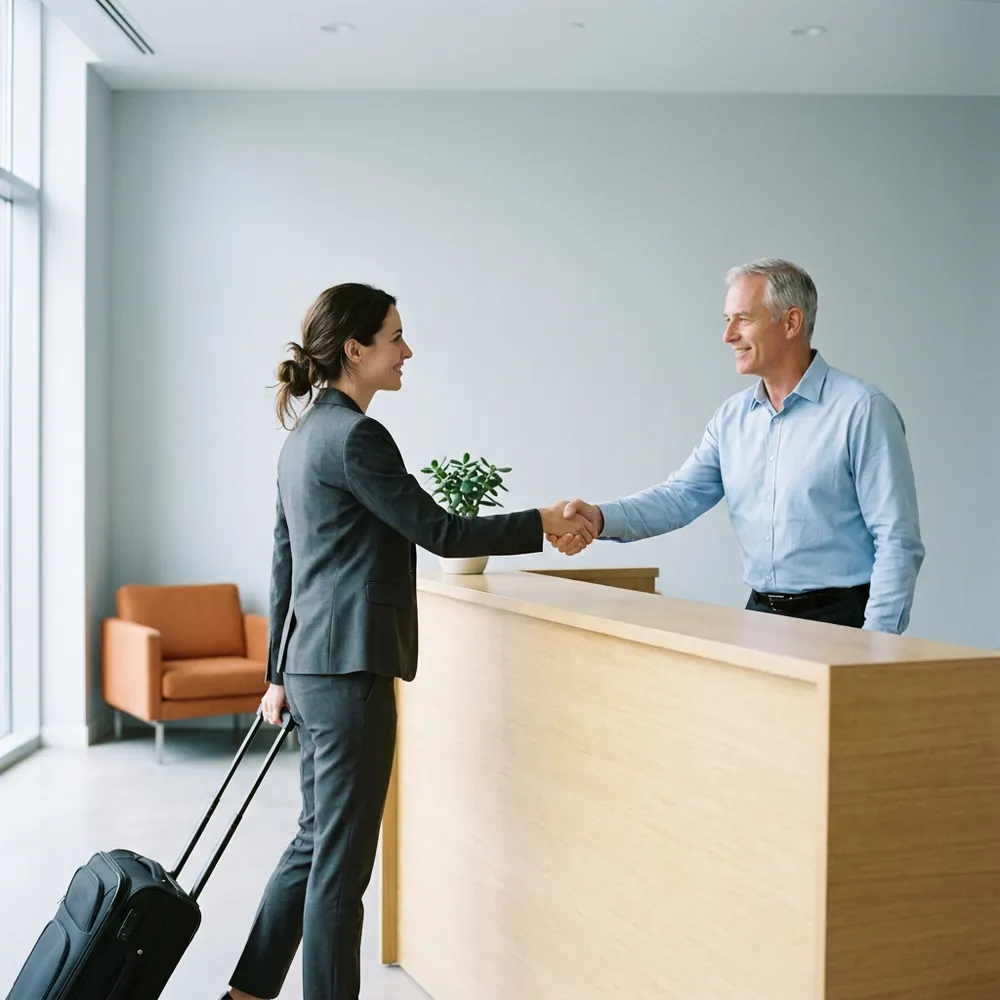 Contract consultant with a rolling carry-on shaking hands with a client lead across a pale wood reception desk on her first day