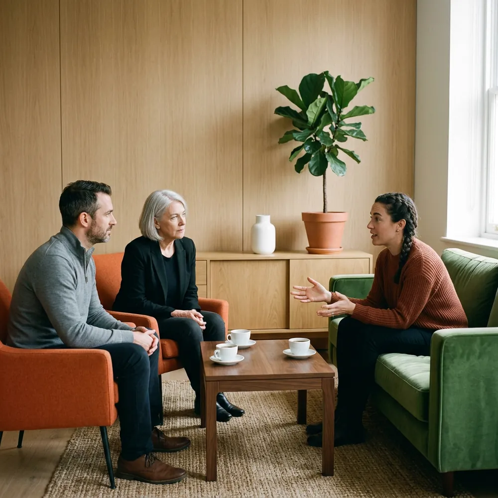 HR technology consultant on a green sofa explaining module scope to two HR leaders seated in orange armchairs