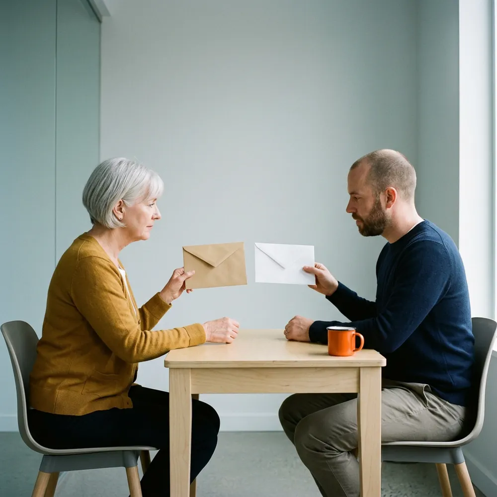 Payroll lead and consultant at a small birch desk holding up a kraft envelope and a white envelope side by side to compare them