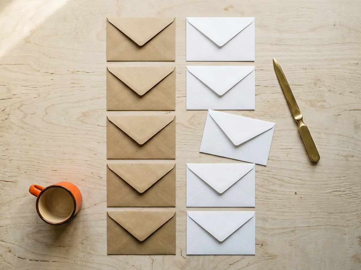 Two columns of blank pay envelopes, kraft and white, on a birch table with one white envelope out of line, a brass letter opener and an orange mug