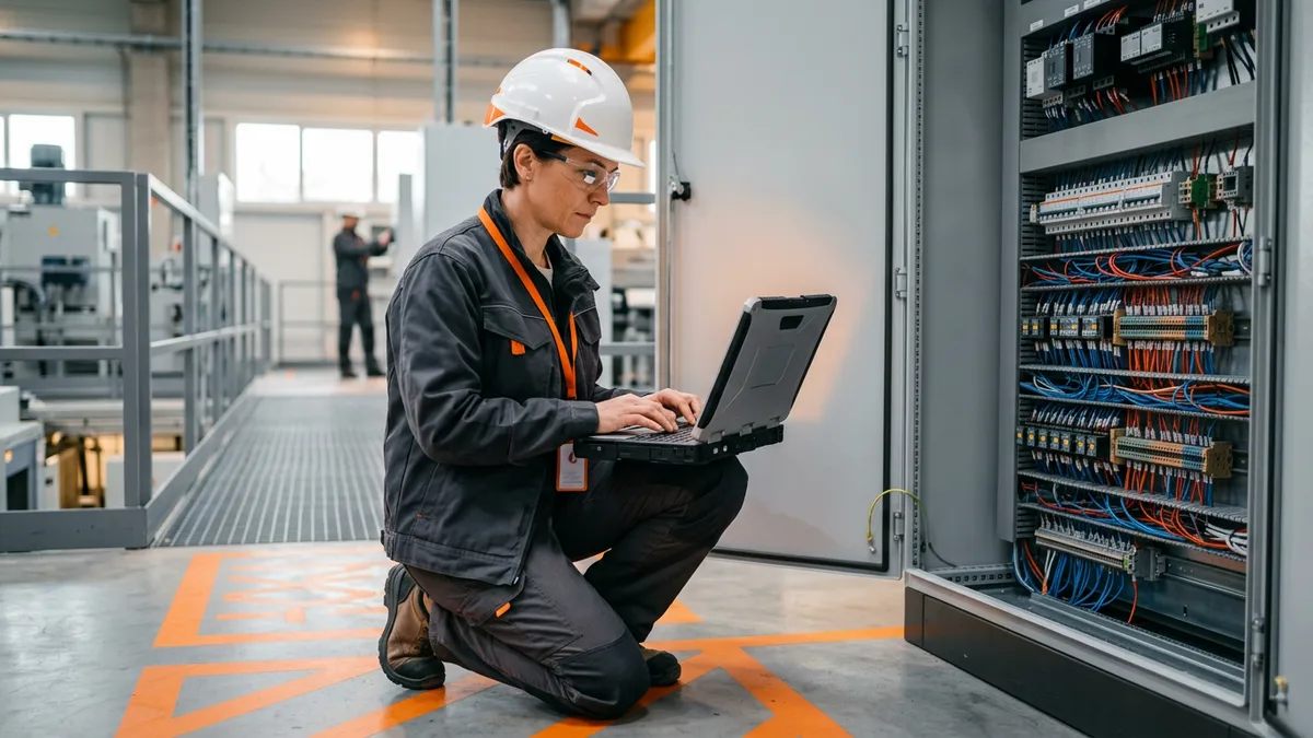 SCADA engineer using a ruggedized laptop at an open industrial control cabinet with DIN rail terminals and wiring