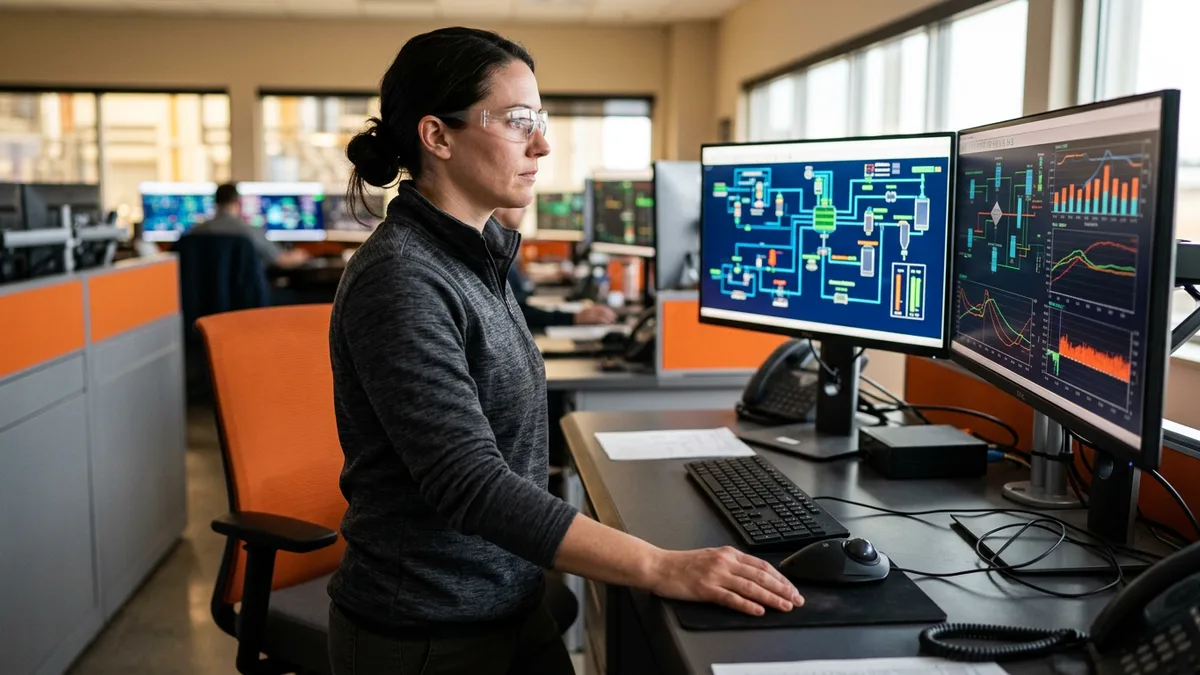 SCADA engineer reviewing process mimic graphics and trend charts on a dual-monitor control room workstation
